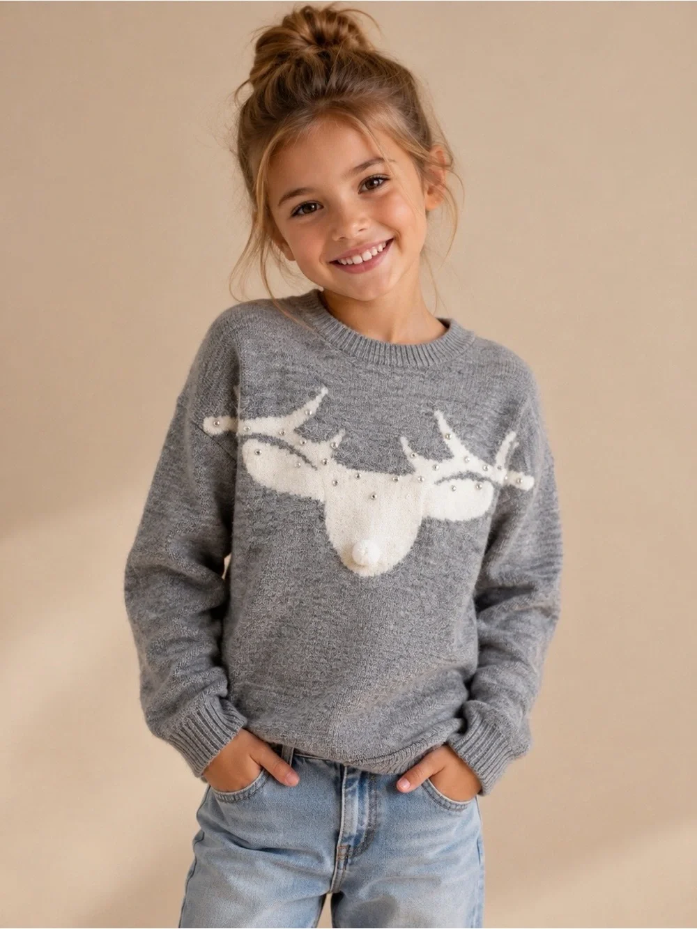 Justice Girls Gray Reindeer Sweater Size 10 Rhinestone Holiday Christmas Cozy